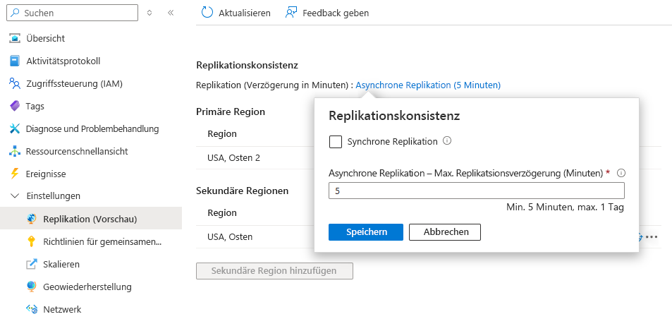 Screenshot: Aktualisieren der Konfiguration des Georeplikationsfeatures