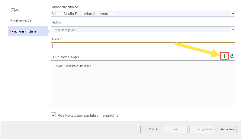Abbildung: Schaltfläche „Funktion hinzufügen“ des Visual Studio-Dialogfelds „Veröffentlichen“