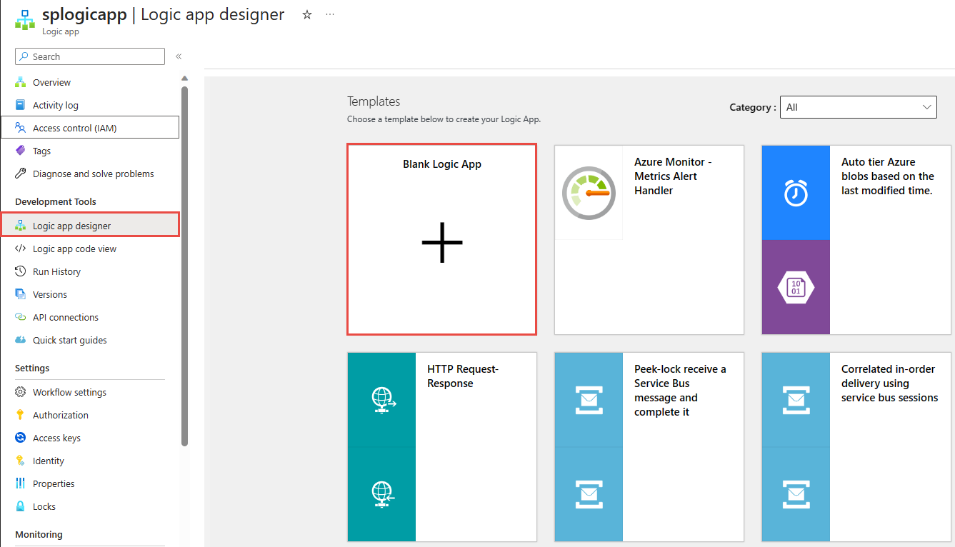 Screenshot der Seite „Logikappdesigner“ mit ausgewählter Option „Leere Logikapp“.