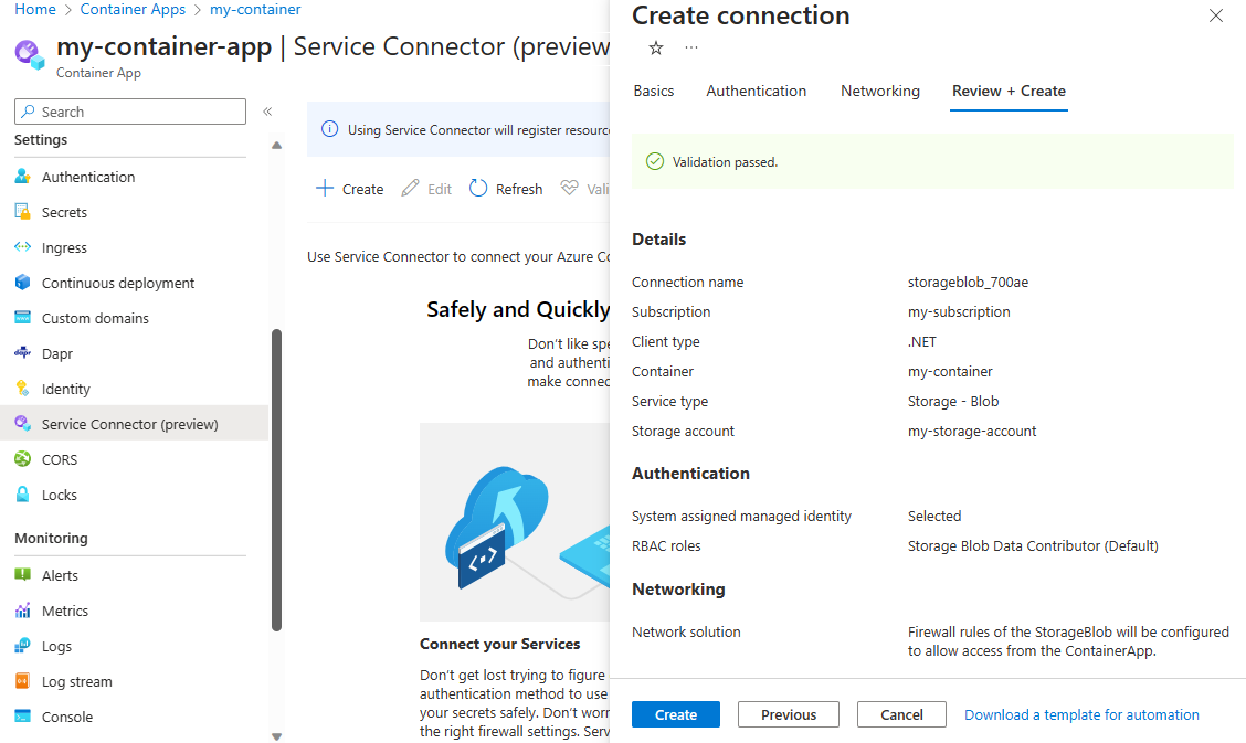 Screenshot of the Azure portal, Container App connection validation.
