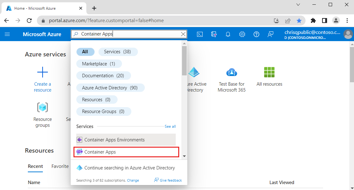 Screenshot of the Azure portal, selecting Container Apps.