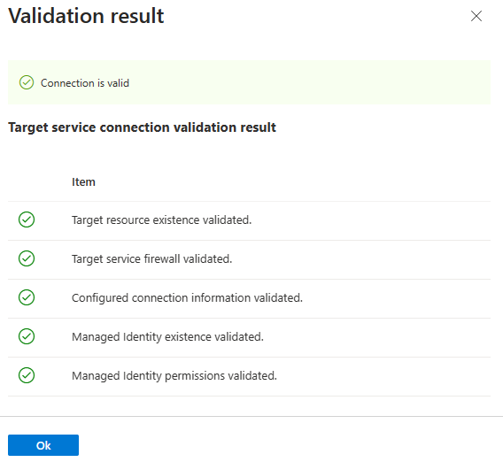 Screenshot of the Azure portal, get connection validation result.