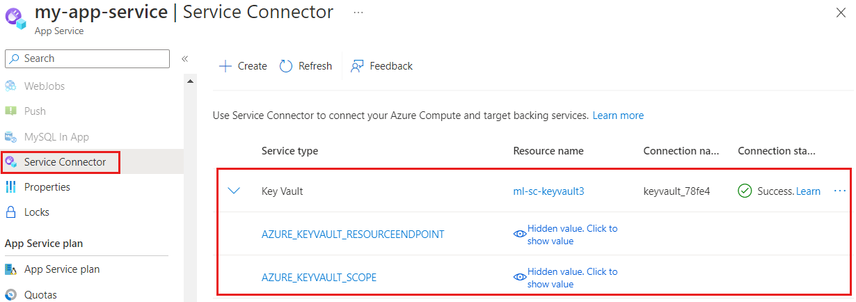 Screenshot of the Azure portal showing service connection details.