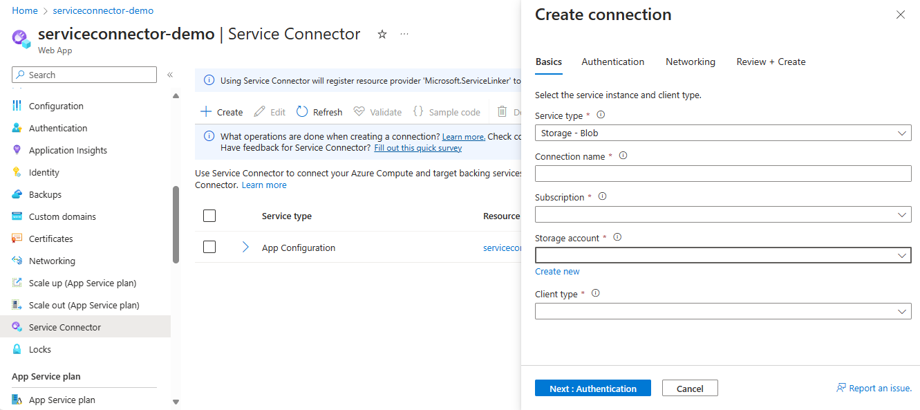 Screenshot des Azure-Portals zum Erstellen einer Blob Storage-Verbindung.