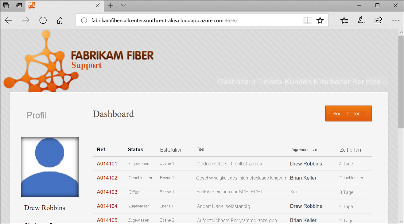 Screenshot der Startseite der Fabrikam Fiber CallCenter-Anwendung, die auf dem lokalen Host läuft. Die Seite zeigt ein Dashboard mit einer Liste von Supportanrufen.