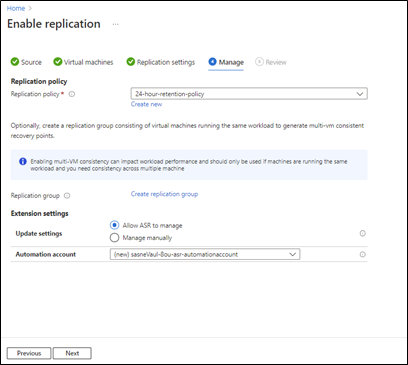 Screenshot der Registerkarte „Replikation verwalten“.