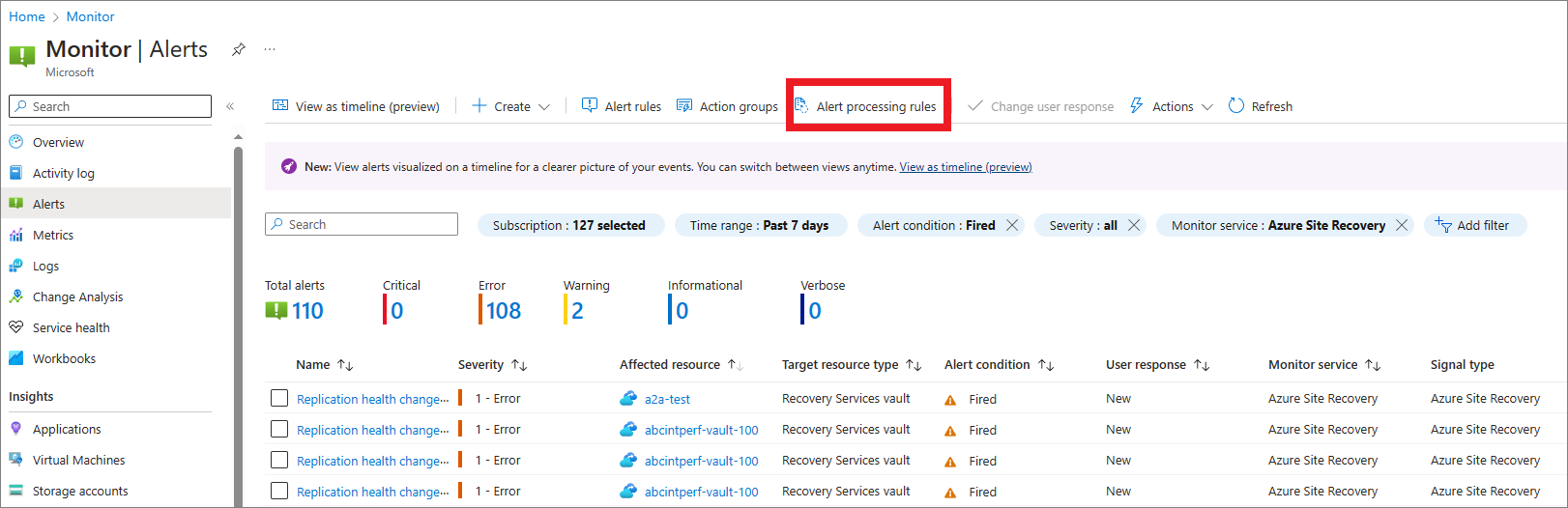 Screenshot zeigt die Option „Regeln für die Warnungsverarbeitung“ in Azure Monitor an.