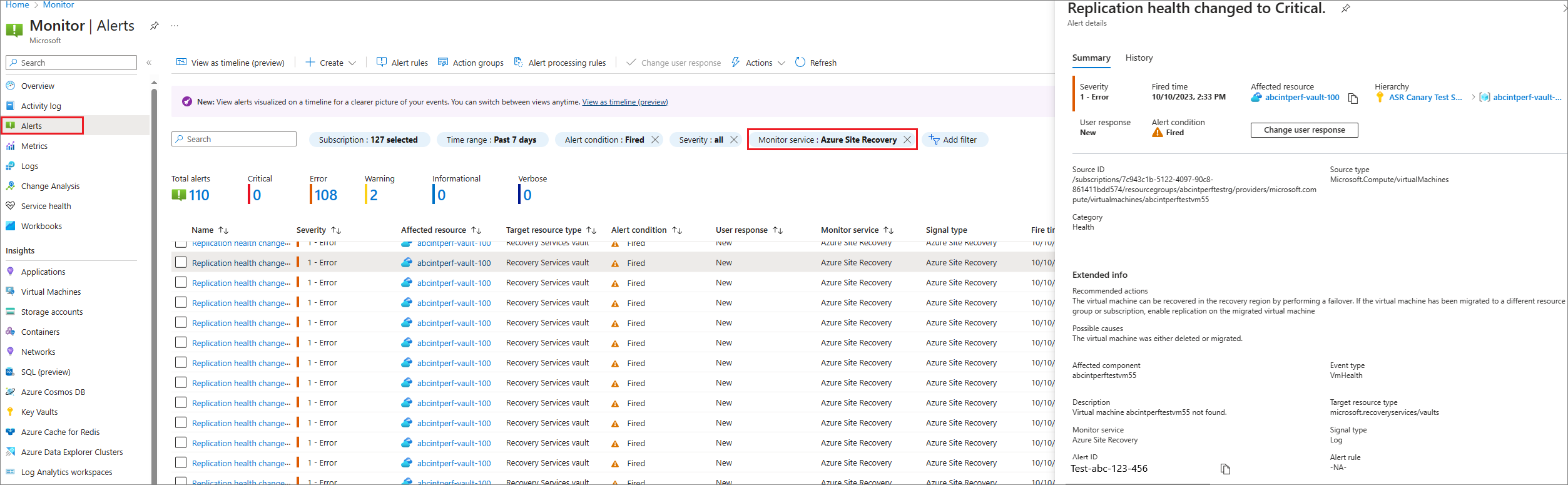 Screenshot zeigt das Anzeigen von Warnungen über Azure Monitor im Portal an.