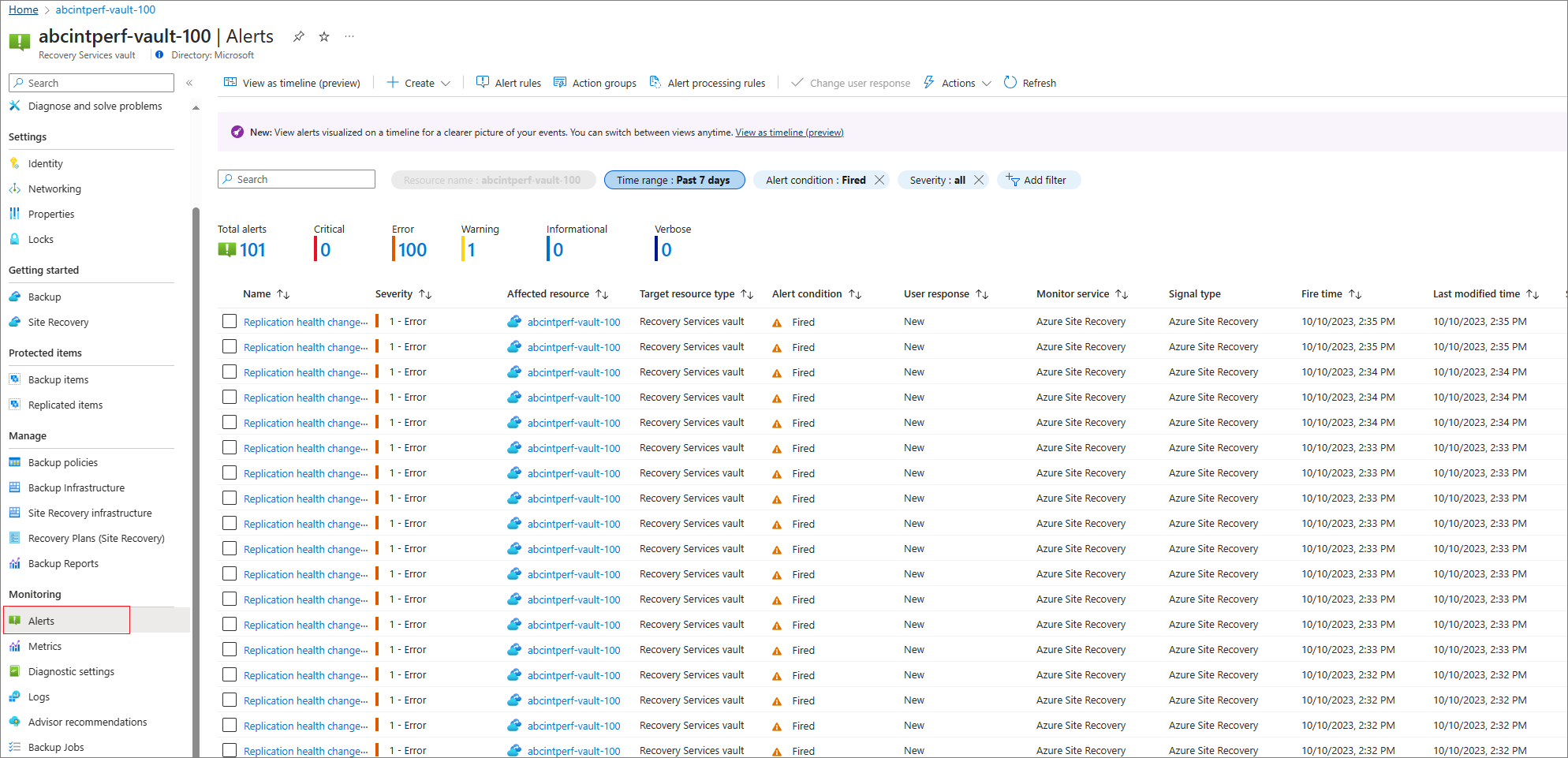 Screenshot zeigt Warnungen über den Recovery Services-Tresor im Portal an.