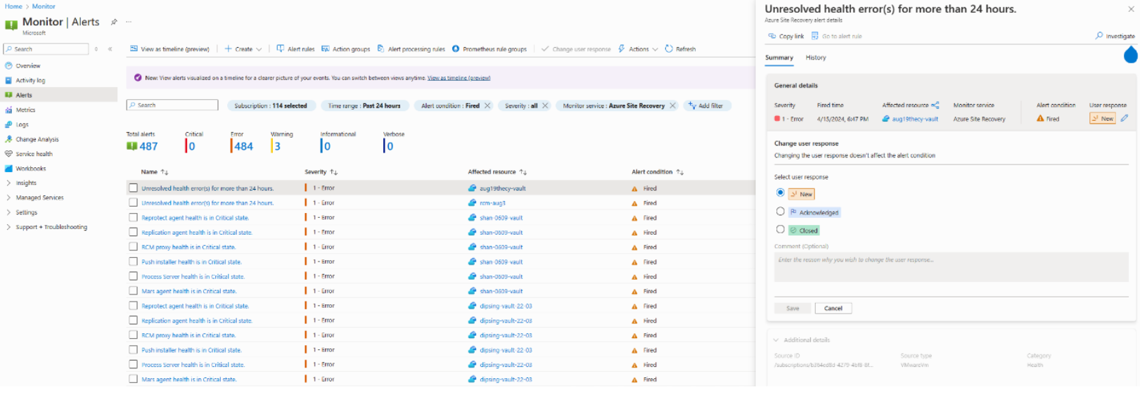 Screenshot zeigt Warnungsdetails über Azure Monitor im Portal an.
