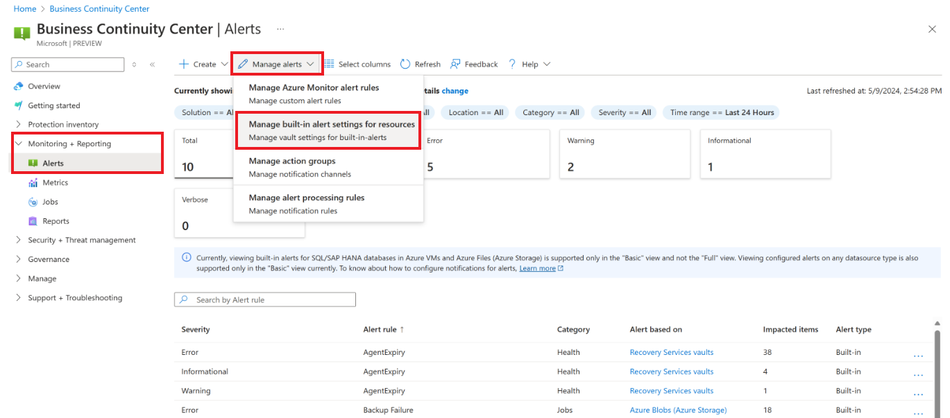 Screenshot zeigt Eigenschaften für die Benachrichtigungsfunktion im Business Continuity Center an.