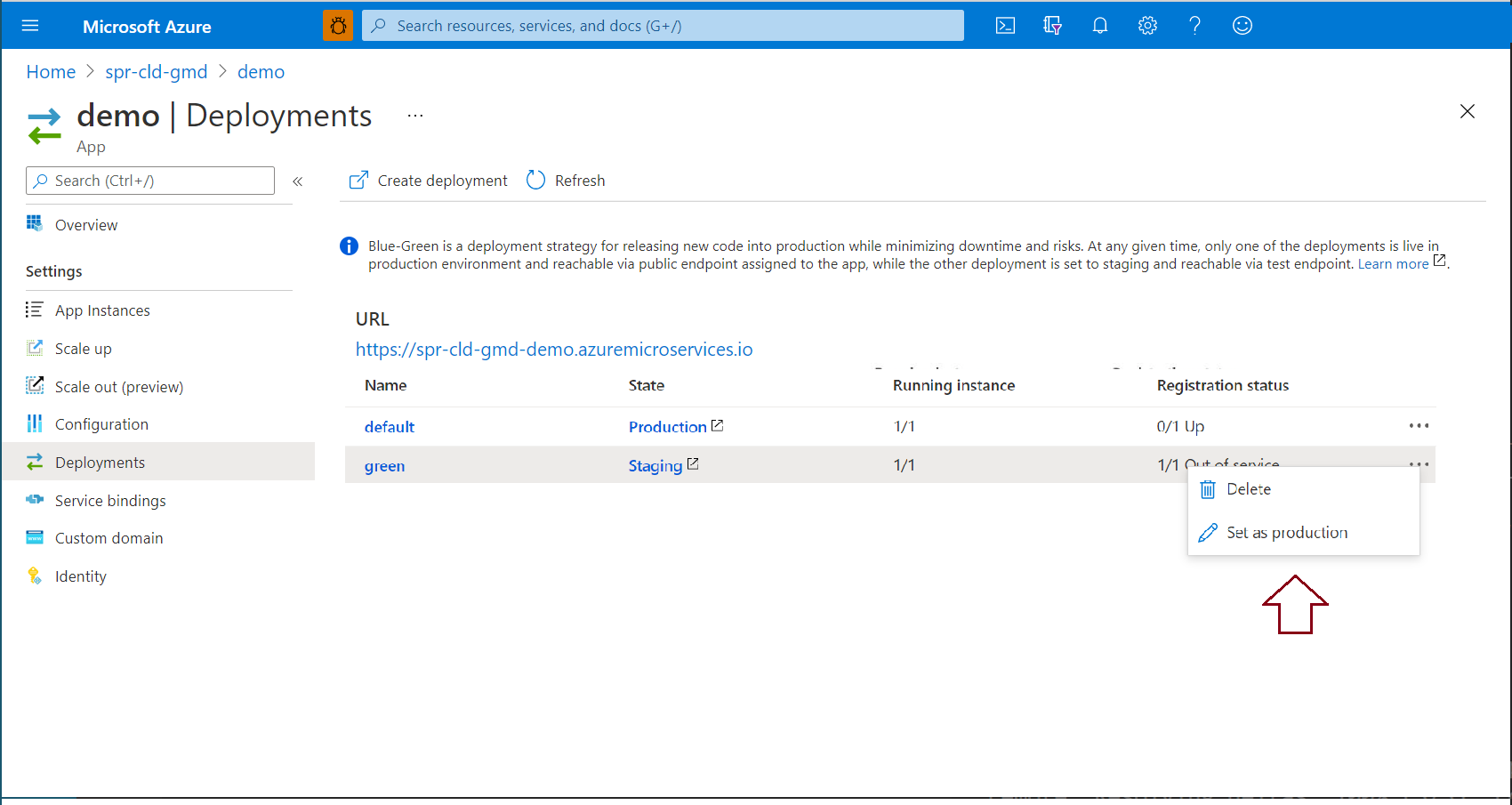 Screenshot: Auswahl zum Festlegen des Stagingbuilds für die Produktion