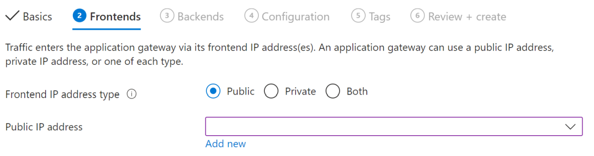 Screenshot of Azure portal showing Frontends tab of 'Create application gateway' page.