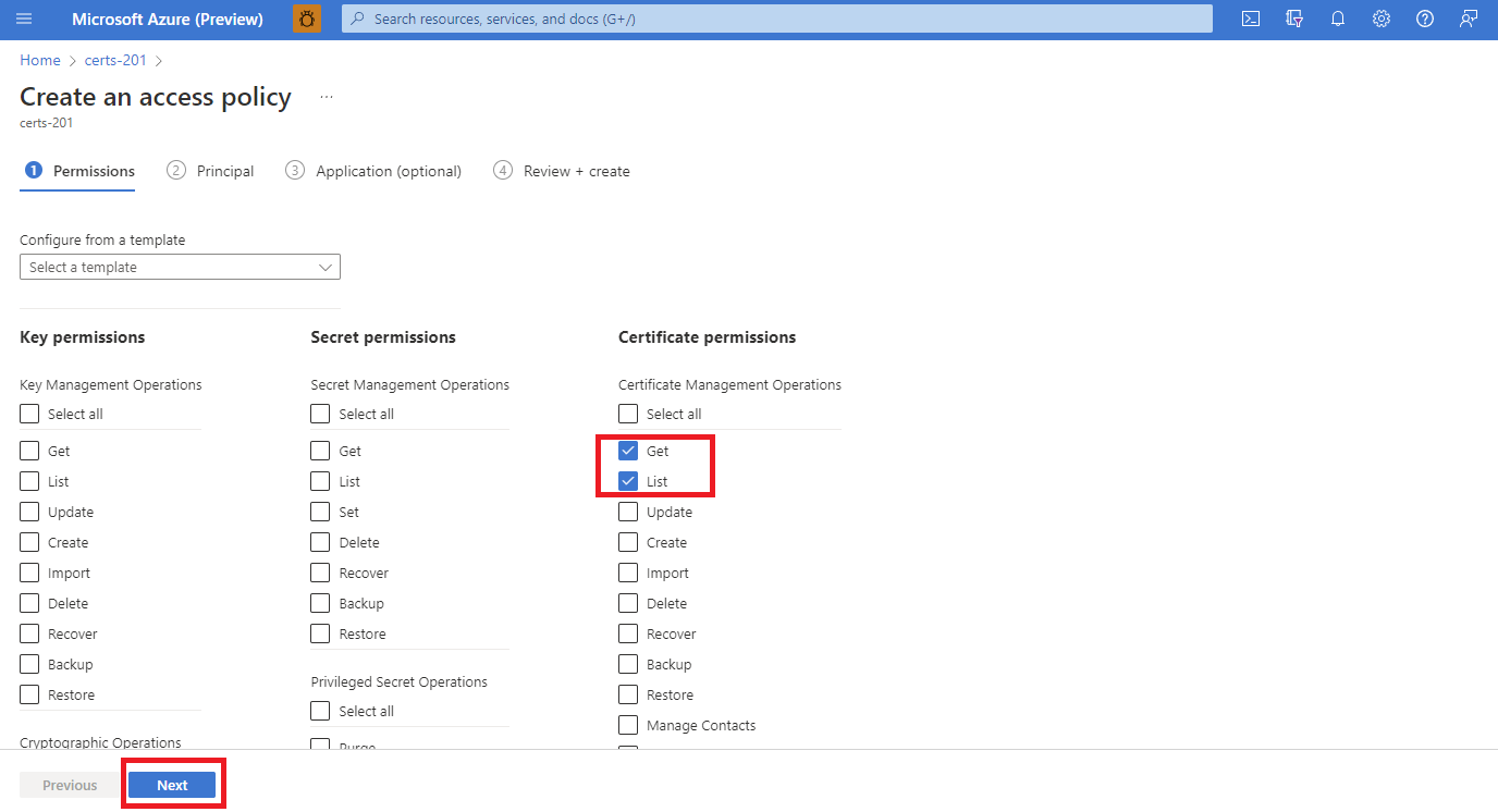 Screenshot des Azure-Portals, der die Seite zum Erstellen einer Zugriffsrichtlinie mit dem Bereich „Berechtigung“ und den hervorgehobenen Berechtigungen „Abrufen“ und „Auflisten“ zeigt.