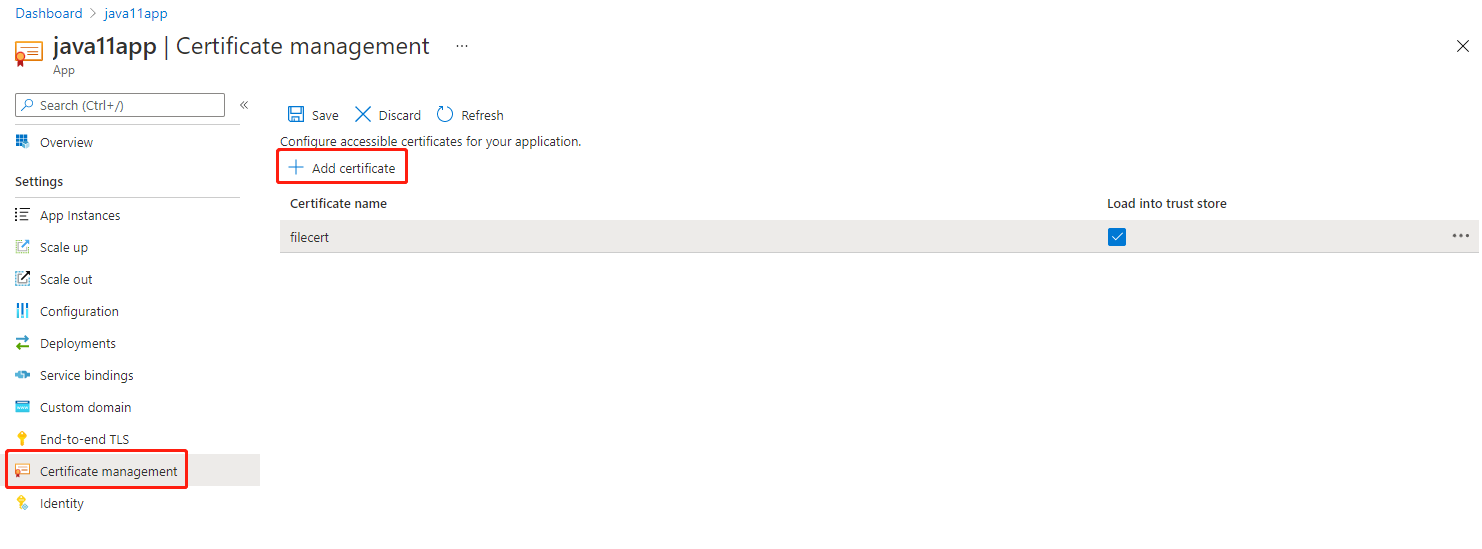 Screenshot des Azure-Portals, auf dem die Seite „Zertifikatverwaltung“ mit hervorgehobener Schaltfläche „Zertifikat hinzufügen“ angezeigt wird.