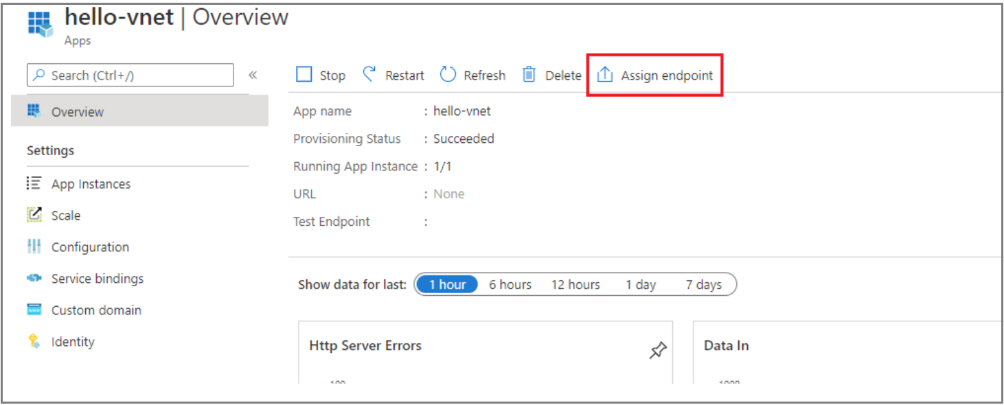Screenshot des Azure-Portals mit der Seite „Übersicht“ und hervorgehobener Option „Endpunkt zuweisen“.