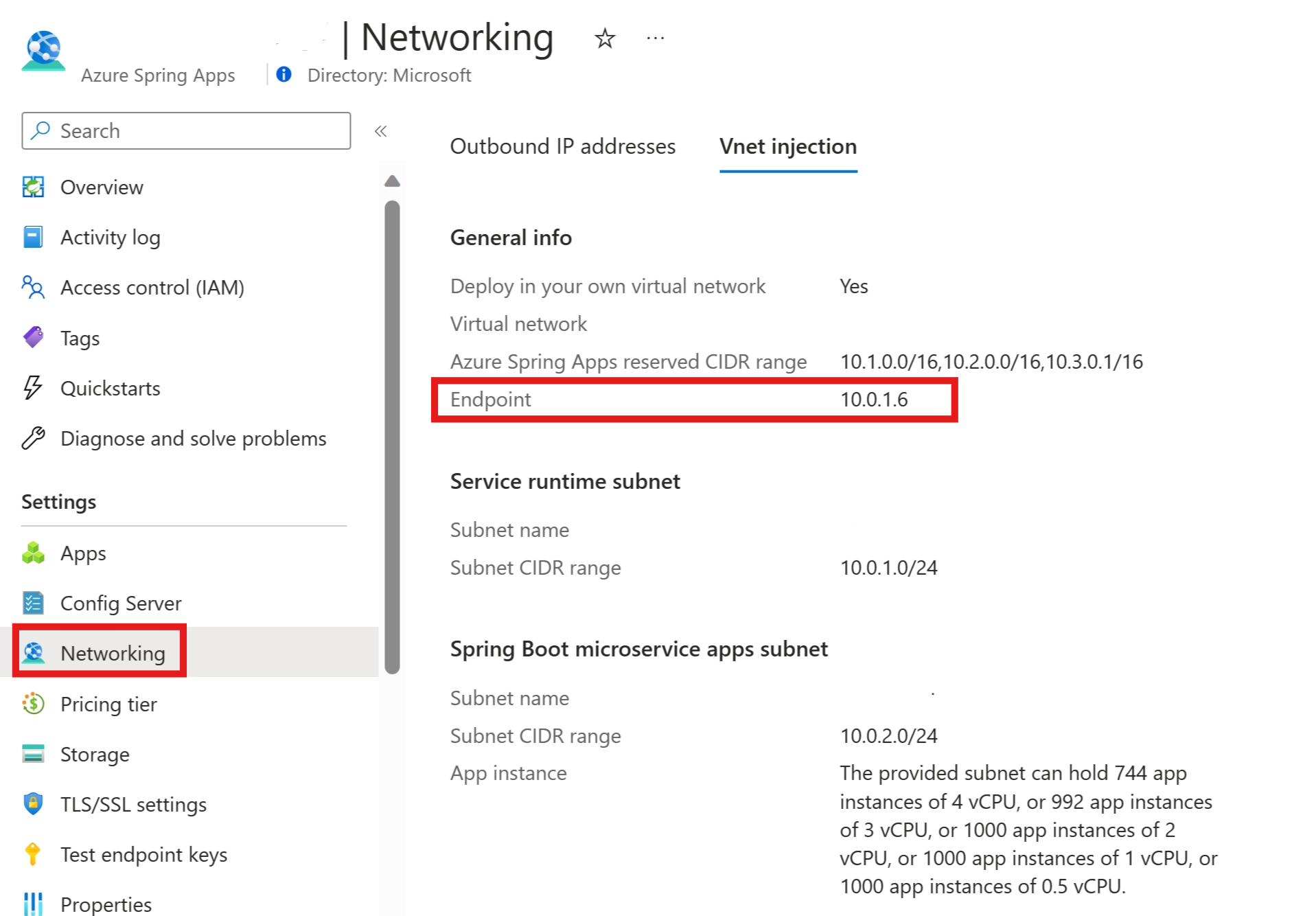 Screenshot des Azure-Portals, in dem die Informationen zum Vnet-Einbindungsendpunkt angezeigt werden.