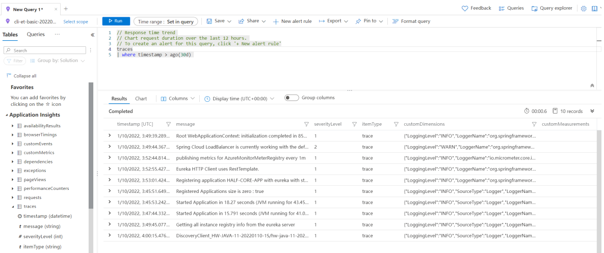 Screenshot von Application Insights im Azure-Portal mit angezeigter Seite „Protokolle“.