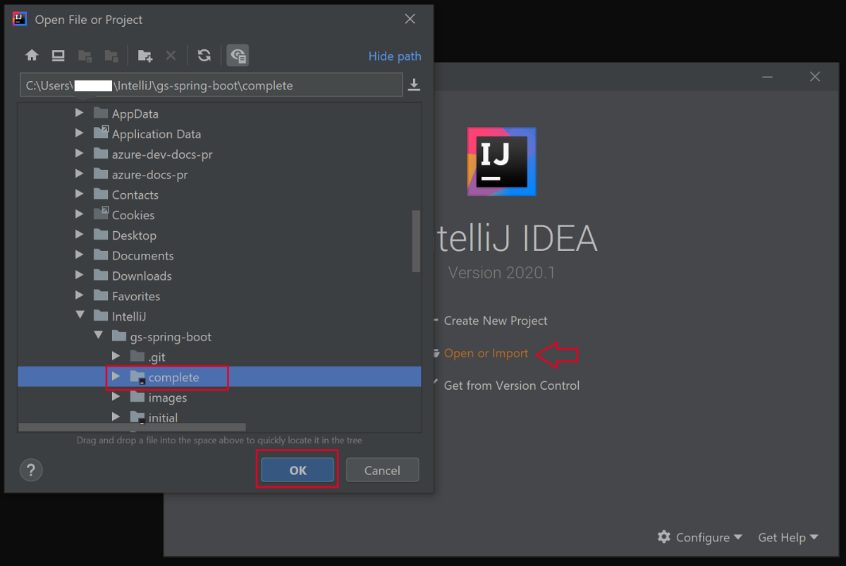 Screenshot des Dialogfelds „Datei oder Projekt öffnen“ von IntelliJ IDEA mit hervorgehobenem Ordner „complete“ (fertig).