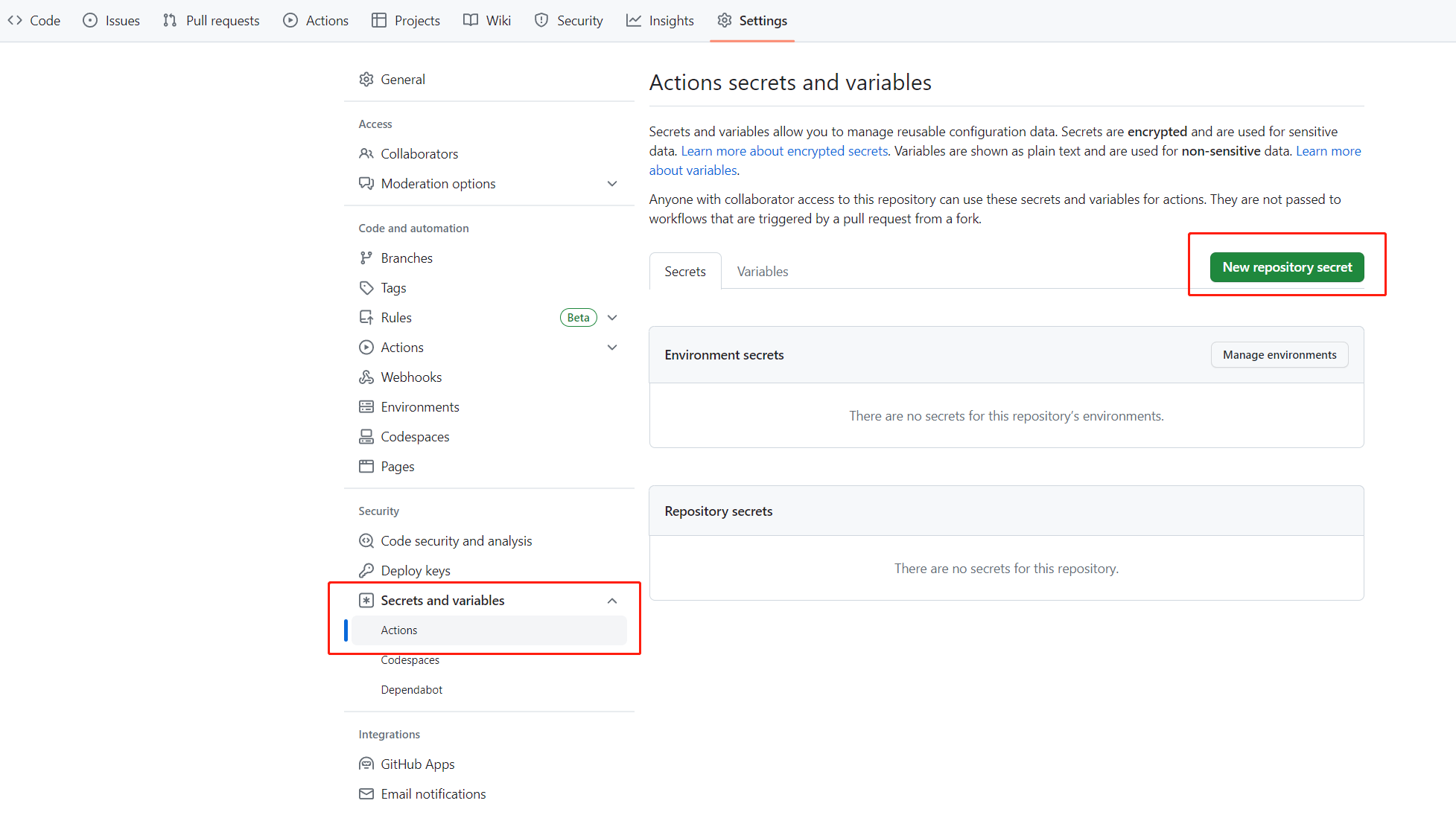 Screenshot showing GitHub Settings Add new secret.