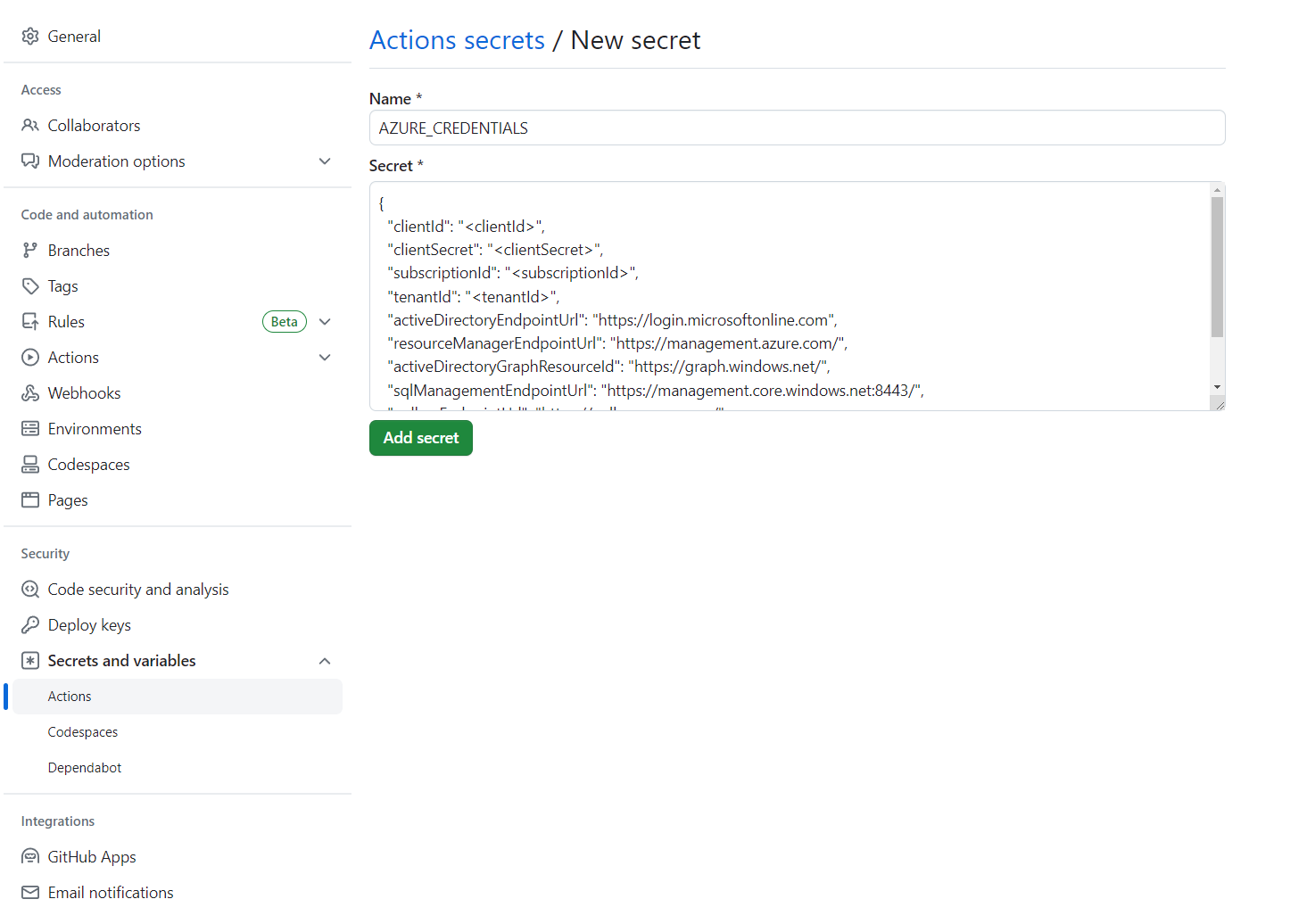 Screenshot showing GitHub Settings Set secret data.