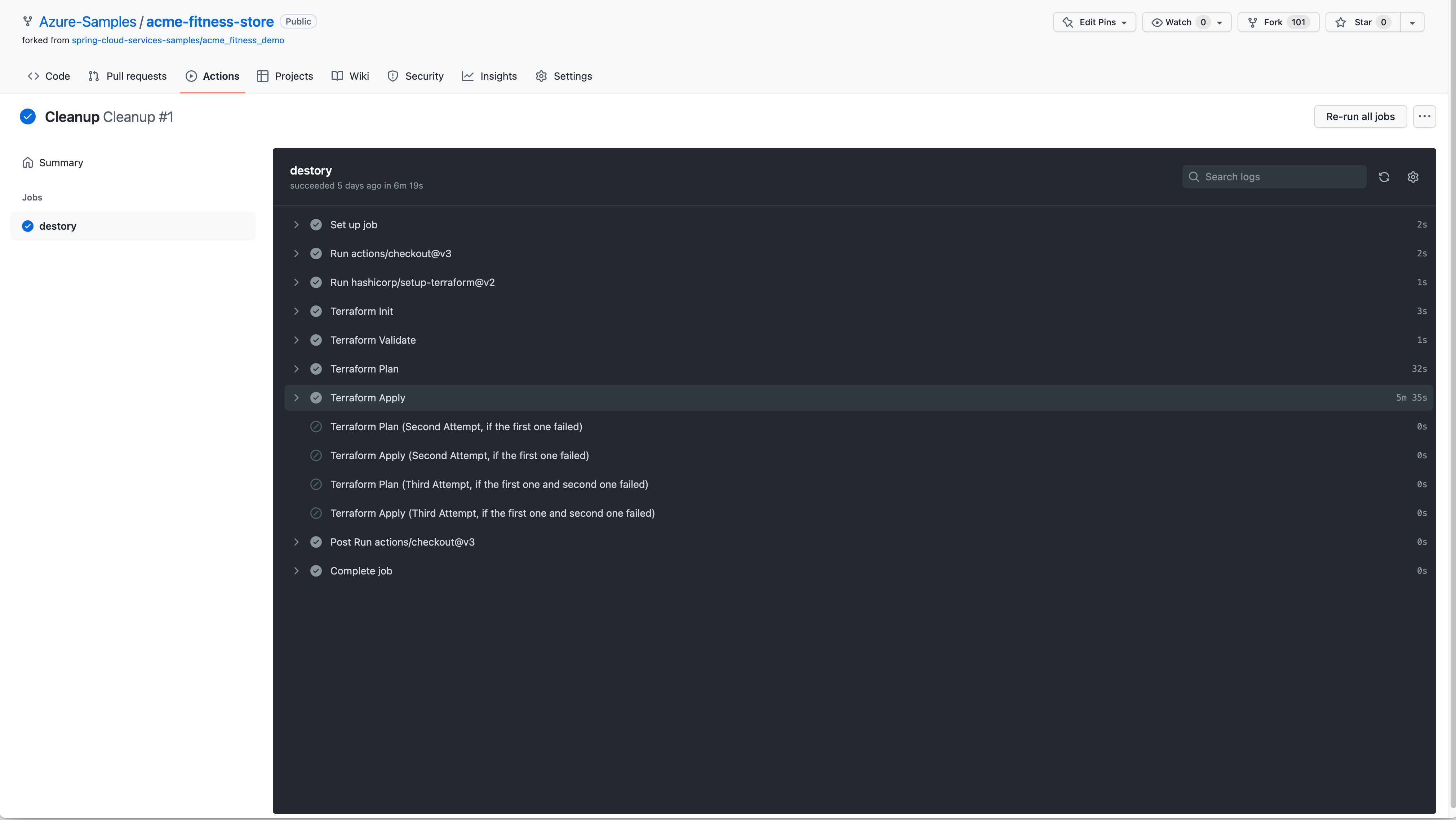 Screenshot of GitHub showing output from the cleanup workflow.