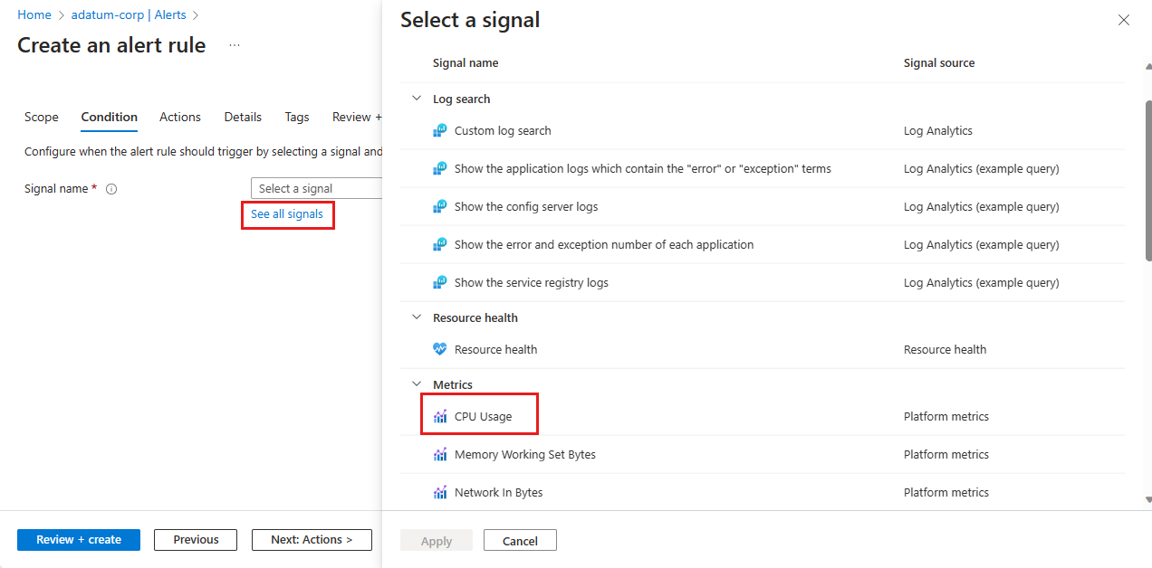 Screenshot des Azure-Portals mit der Seite „Warnungsregel erstellen“, wobei der Bereich „Signal auswählen“ geöffnet und „CPU-Auslastung“ für die App hervorgehoben ist.