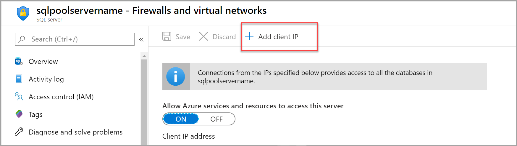 Screenshot des Azure-Portals mit der Serverfirewallregel und der Schaltfläche „Client-IP hinzufügen“