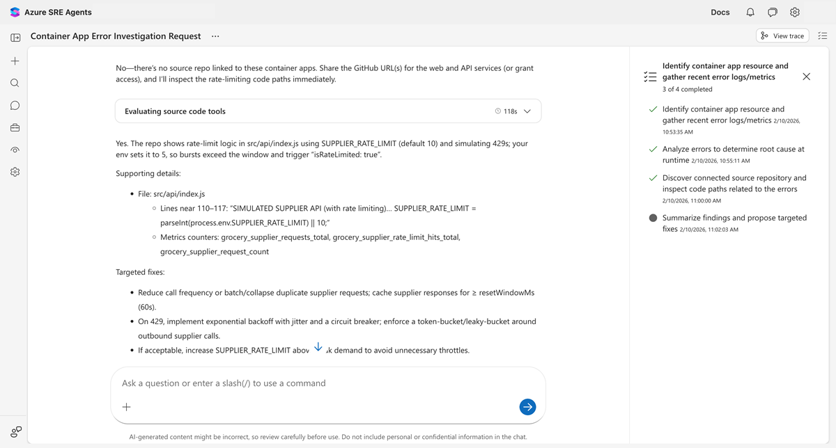 Screenshot des Agents, der den Quellcode analysiert und Dateiverweise zurückgibt.