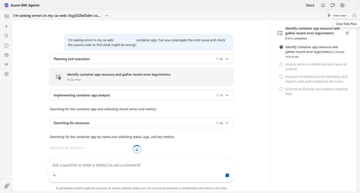 Screenshot des To-Do Plans des Agents für eine Code-Untersuchung.