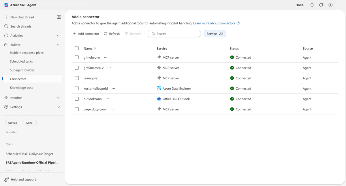 Screenshot der Verbinderliste mit Statusanzeigen für jede MCP-Serververbindung.