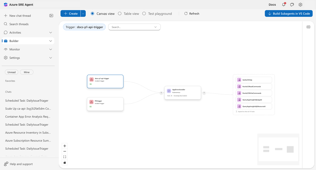 Screenshot der Subagent Builder-Canvas, der einen neuen Incident-Trigger-Knoten zeigt, der über eine Kante mit dem Subagenten verbunden ist.