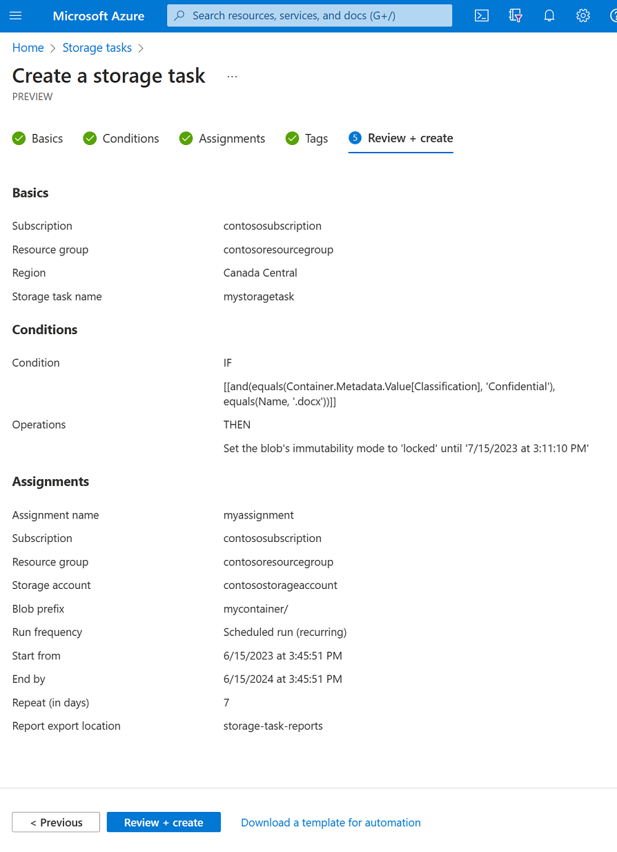 Screenshot der Registerkarte Prüfen und Erstellen der Storage-Aufgabe Erfahrung.