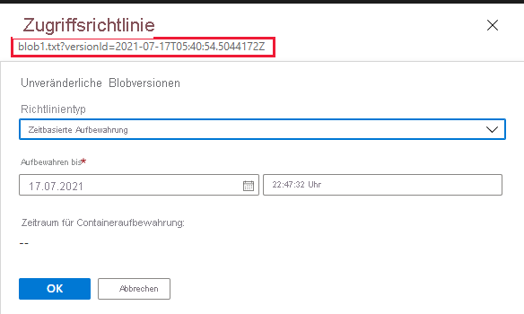 Screenshot: Konfigurieren eine Aufbewahrungsrichtlinie für eine frühere Blobversion im Azure-Portal