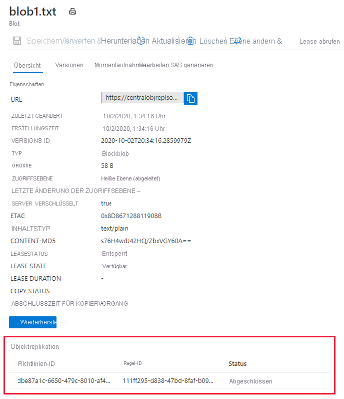 Screenshot showing replication status for a blob in the source account