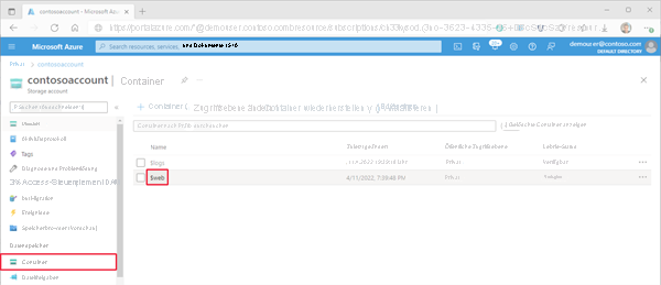 Abbildung, die den Speicherort des Websitespeichercontainers in Azure-Portal zeigt