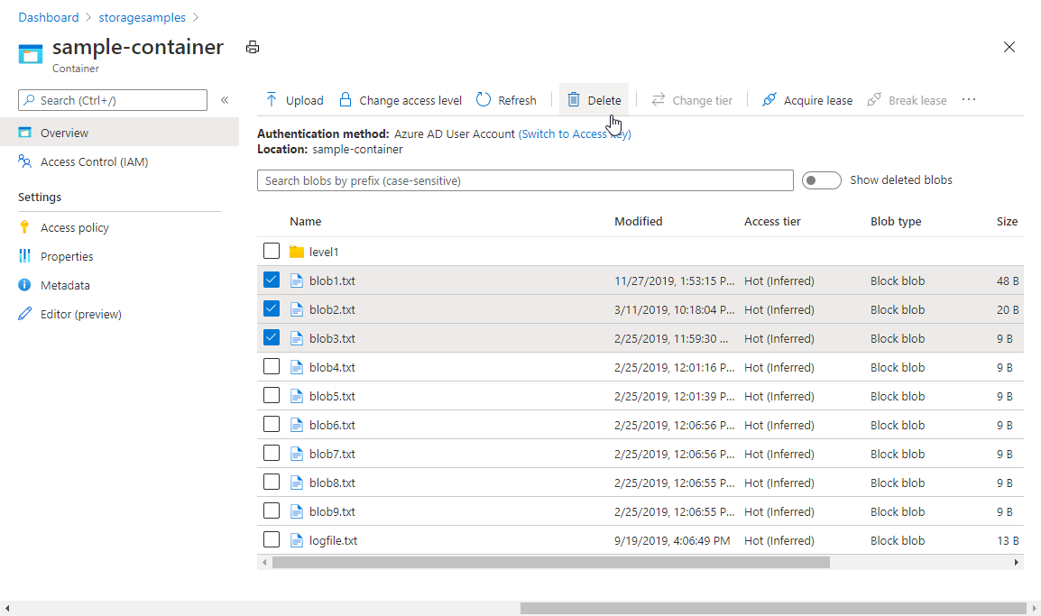 Screenshot showing how to delete blobs from the Azure portal