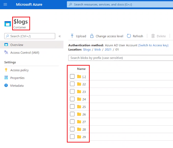 Liste von Protokollordnern im Azure-Portal