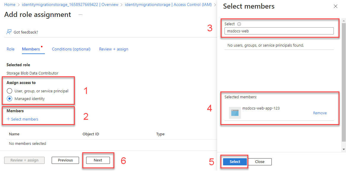 Screenshot showing how to select a system-assigned identity.