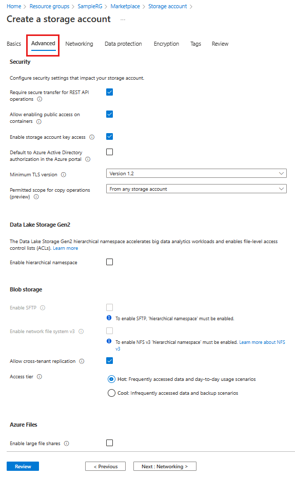 Screenshot: Standardkonfiguration für ein neues Speicherkonto – Registerkarte „Erweitert“
