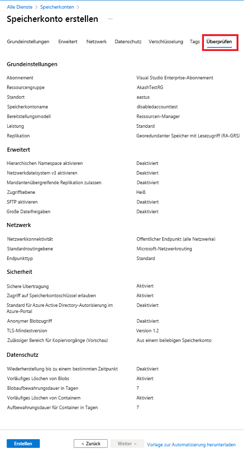 Screenshot showing a standard configuration for a new storage account - Review tab.