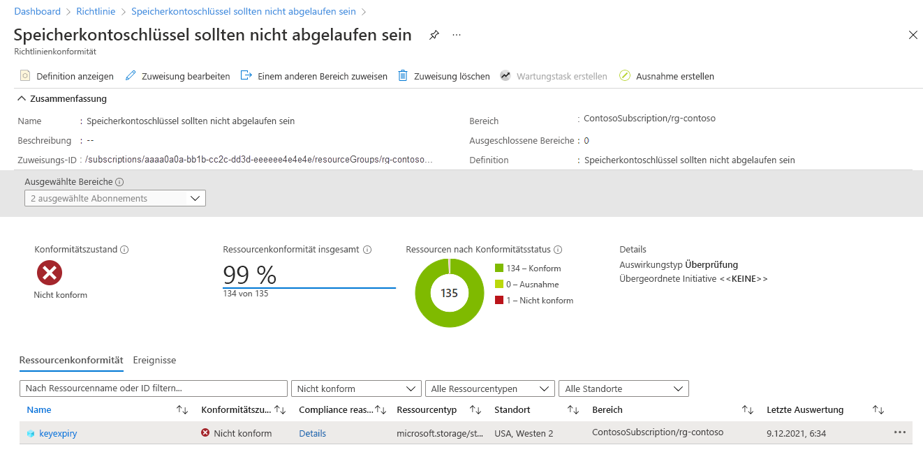 Screenshot showing how to view the compliance report for the key expiration built-in policy