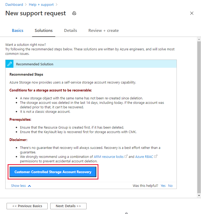 Screenshot showing how to recover a storage account through support ticket - Solutions tab