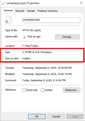 Screenshot der Eigenschaften einer ausgelagerten Datei – nur Namespace
