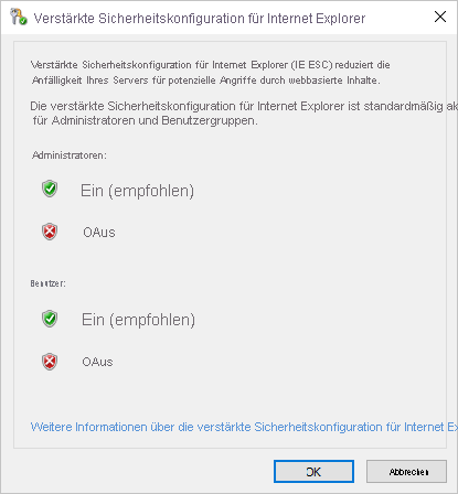 Popupfenster „Verstärkte Sicherheitskonfiguration für Internet Explorer“ mit Auswahl von „Aus“