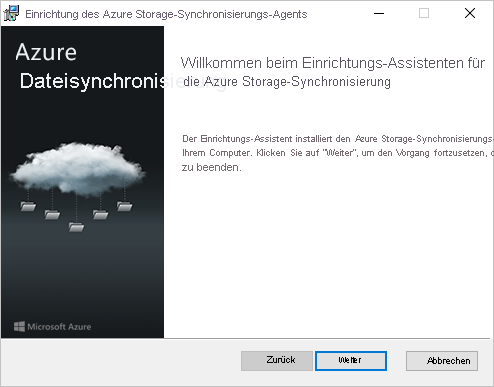 Erste Seite des Installers für den Azure-Dateisynchronisierungs-Agent