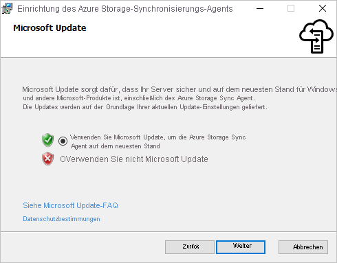 Stellen Sie sicher, dass Microsoft Update im Bereich „Microsoft Update“ des Installers für den Azure-Dateisynchronisierungs-Agent aktiviert ist