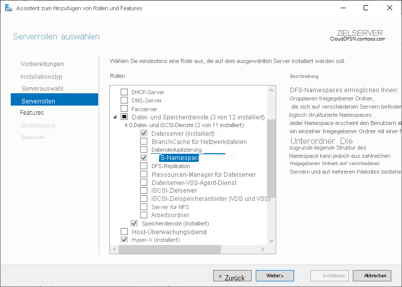 Screenshot: Assistent „Rollen und Features hinzufügen“ mit ausgewählter Rolle „DFS-Namespaces“