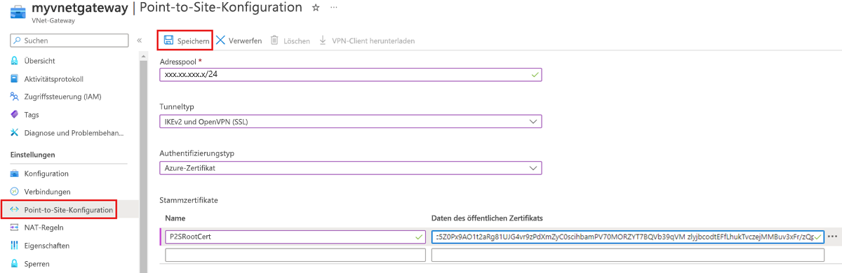 Screenshot, der zeigt, wie Sie ein Point-to-Site-VPN mithilfe des Azure-Portals konfigurieren.