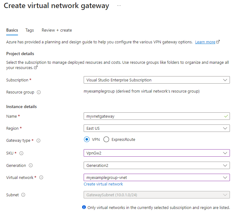 Screenshot, der zeigt, wie Sie ein virtuelles Netzwerkgateway mithilfe des Azure-Portals erstellen.